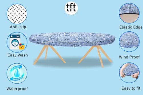 Image of The Furnishing Tree Elastic Cotton Oval Dining Table Cover 42x72 in Inches Floral White Rose on Blue Base