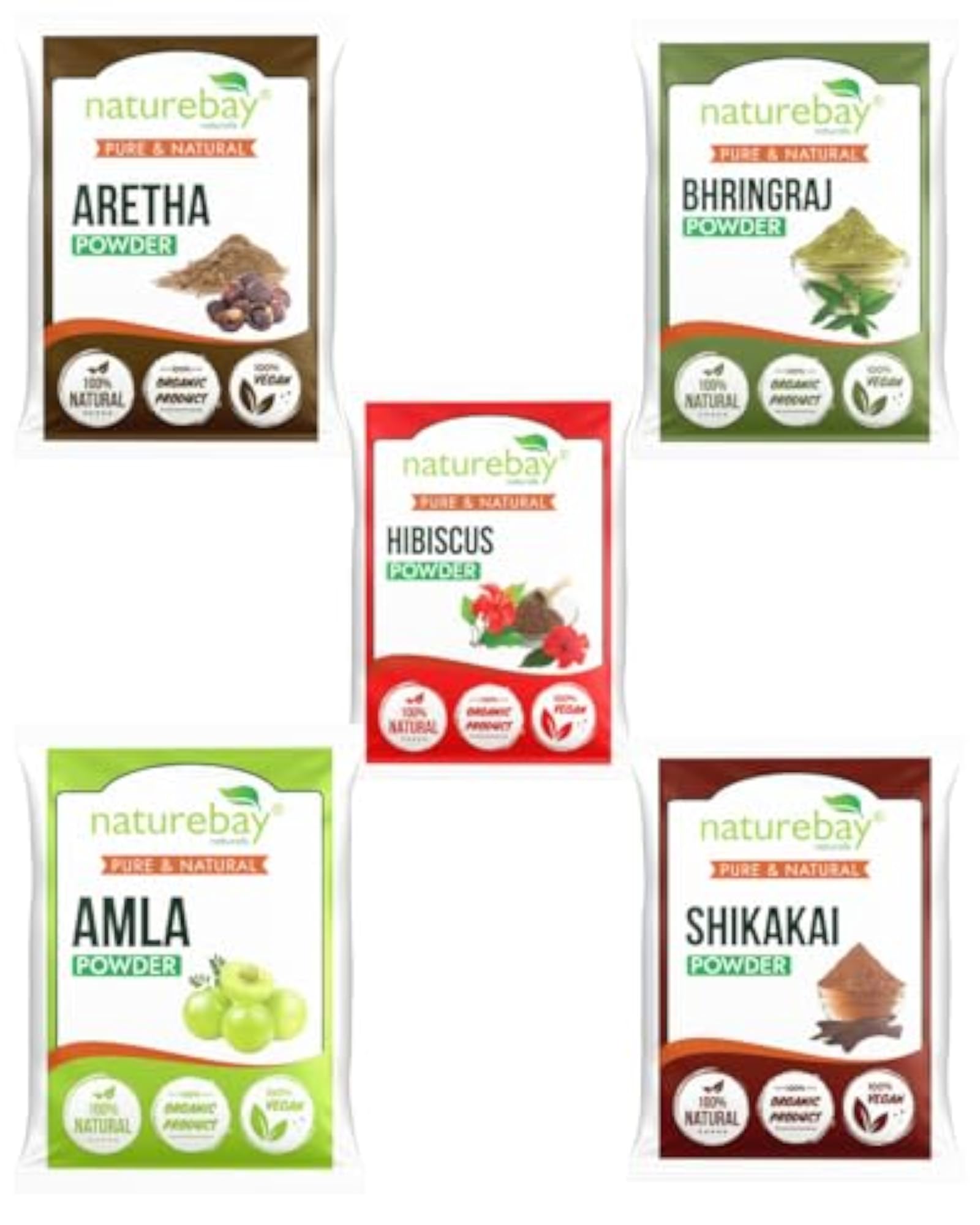 Amla, Reetha, Shikakai, Bhringraj and Hibiscus Powder Combo Pack 200g Each