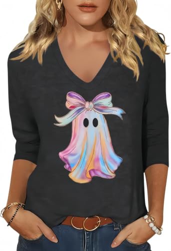 CGTPI Women's Halloween Cute Bow Ghost Print V-Neck T-Shirt,Grey08,XL