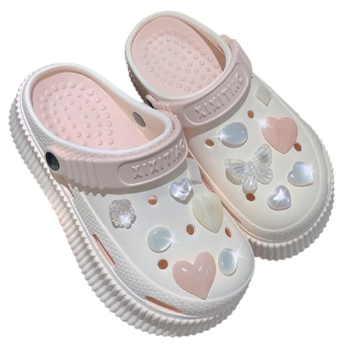 Women’s Slides with Bling DIY Heart Charms and Holes Cute Summer Slippers Non-Slip Sandals