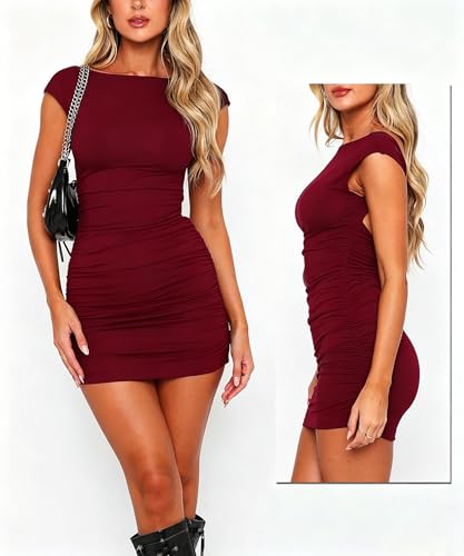 Image of Women Backless Bodycon Mini Dress Boat Neck Open Back Ruched Dress Club Party Going Out Dresses