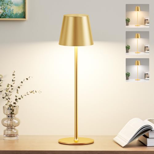 PreeOtti Lámpara de mesa inalámbrica con 3 temperaturas de color, intensidad variable, lámpara de noche táctil LED recargable para dormitorio, salón, camping, jardín, café al aire libre (dorado)