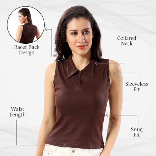 Image of TRASA Women's Sleeveless Rib Knitted Cotton Racer Back Tank Tops Collared Neck Crop Tank Tops - Available Sizes -XS, S, M,L,XL,2XL