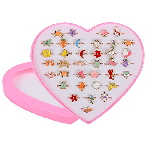 Osdue 36 Pcs Little Girl Jewel Rings In Box, Adjustable, No Duplication Kids Jewelry Rings Set With Heart Shape Display Case, Girl Pretend Play And Dress Up Rings For 3-12 Year Old Girl Birthday Gifts #TOP9