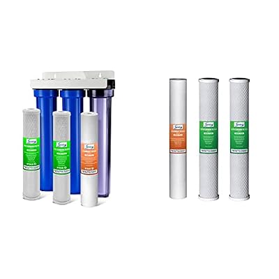 iSpring Whole House Water Filter System, Reduces Chlorine, Sediment, Taste, Odor, 3-Stage Whole House Water Filtration System w/ 20"x2.5" Water Filters and Clear 1st-Stage Housing, Model: WCB32C | Replacement Sediment Two Carbon Block Cartridges Fits WCB3