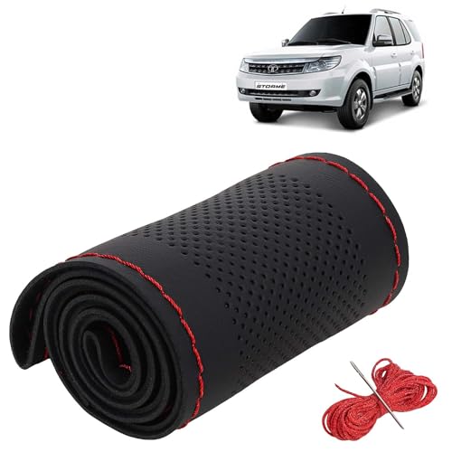 Image of KINGSWAY PU Leatherite Car Steering Cover Sewable Compatible with Tata Safari Storme (Year 2012 Onwards), Black Color with Red Thread, Pack of 1 with Sewing Needle and Thread