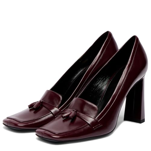 Women's Loafer Heels Square Toe Block Heel Pumps with Tassel Trendy Office Work Business Dressy Shoes