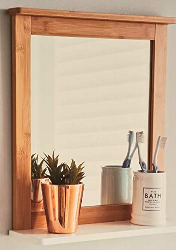 E2B Retreat Bamboo Wall-Mounted Mirror, Bathroom Mirror with Shelf, Hanging Vanity Mirror, for the Living Room and Bathroom, Natural Brown