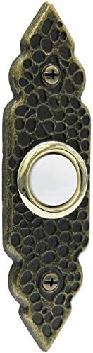 IQ America DP1205 Wired Antique Brass Plated Surface Mounted Traditional Doorbell Pushbutton White Push Button with Polished Brass Accent Ring for use with most Wired Door Bells Chimes 4" x 1" x .25"