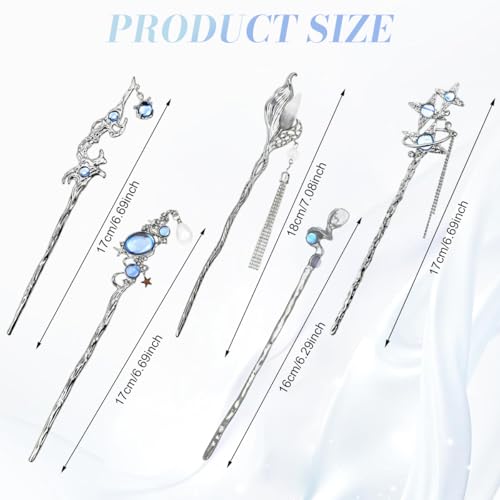 Image of SANNIDHI Hair Stick for Bun Accessories for Woman, 5Pcs Vintage Alloy Juda Pins for Hair Bun, Moonstone Planet Star Charm Silver Accessories for Updo & Daily Styling