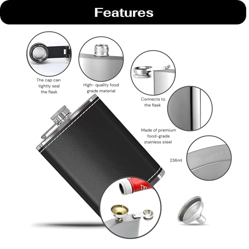 Image of Stainless Steel Hip Flask for Men & Women 8oz (236ml) - Whisky Flask Vodka Alcoholic Liquor Holder with Funnel Drinks Pocket Carrying Case - Leakproof Travel Flasks for Drinks, (Black Leather)