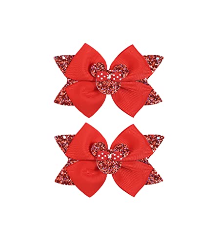 2 pcs 4.5"Mouse Ears Hair Bows Clips for Kids Baby Girls Women, Glitter Party Princess Decoration Cosplay Birthday Christmas Party.(FJ40) (Red)