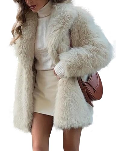 COZYPOIN Damen-Parka-Mantel aus Kunstfell, warm, mittellang, langärmelig, Revers, Winter, flauschige Oberbekleidung, zotteliger Parka-Mantel, Beige, Groß