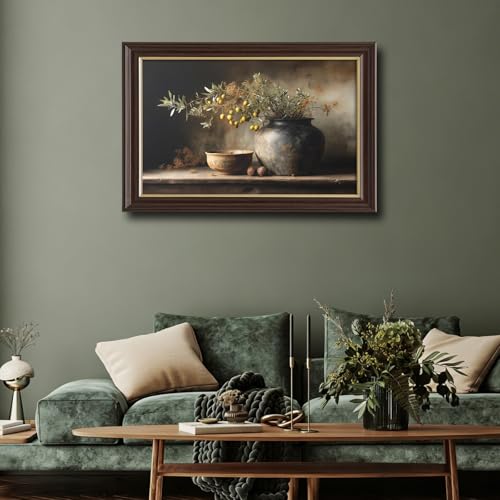 Image of Framed Vintage Olive Branch Still Life Canvas Wall Art, Rustic Pottery Vase Oil Painting Canvas Prints Pictures, Farmhouse Kitchen Wall Decor for Living Room Bedroom Dining Room
