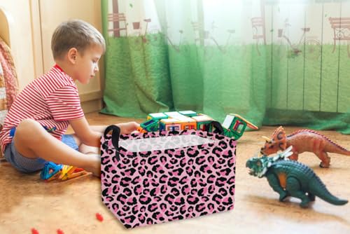 Image of Essme Rectangular Baskets,Pink Storage Basket with Handles for Room Decor, Leopard Print Box,Cute Storage Bin(Pink leopard print)