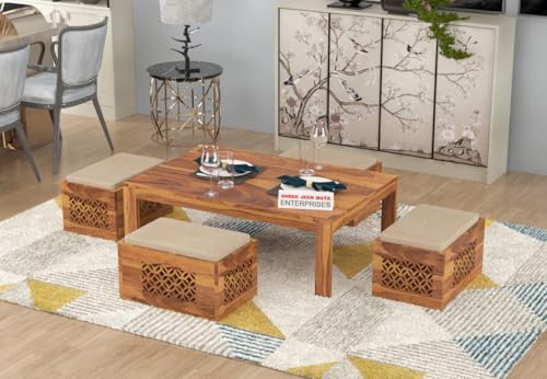 Image of Sheeshsam Wooden Coffee Table with 4 Stools for Living Room - Solid Wood Coffee Table with Cushion Seating Stools Tea Table Teapoy Center Piece for Home Sofa Center Table (Norris Honey)
