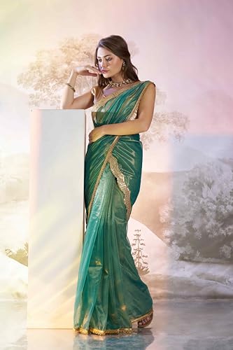 Shiv Textiles Women's Twill Net Lace Border Saree(Klis-918-Green)