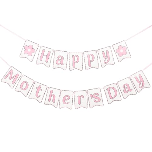 Happy Mothers Day Banner - Pre-assembled Mothers Day Decorations for Party, Mother's Day Best Mom Ever Flower Sign Bunting Garland for Home Fireplace Wall Office Photo Props Pink