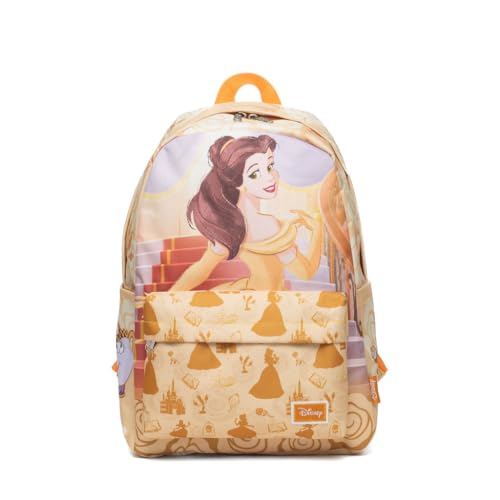 Wondapop Mochila Disney Princesa Bela 40,6 cm Mochila escolar para meninas com capa para laptop, bolso frontal e bolsos laterais, A Bela e a Fera para crianças