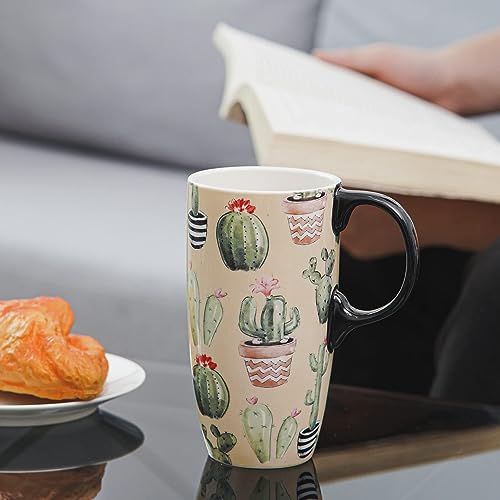 DUSVALLY Ceramic Mug Large Coffee Mug Tall Cups Porcelain Latte Coffee Cup with Lid 17oz,Cactus - Image 2