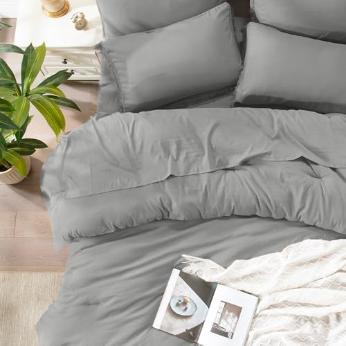 Image of Andency Queen Comforter Set with Sheets Medium Grey - 7 Pieces Boho Tassel Bed in a Bag Soft Lightweight Bedding Sets, Fringe Bed Set with Comforter, Sheets, Pillowcases & Shams