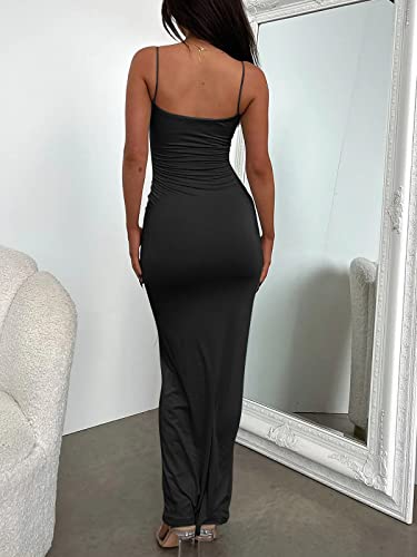 Lillusory Womens 2023 Summer Fall Fashion Long Black Dresses Casual Slip Bodycon Party Maxi Dress Sexy Birthday Sleeveless Backless Spaghetti Strap Dress Outfits Clothes #TOP3