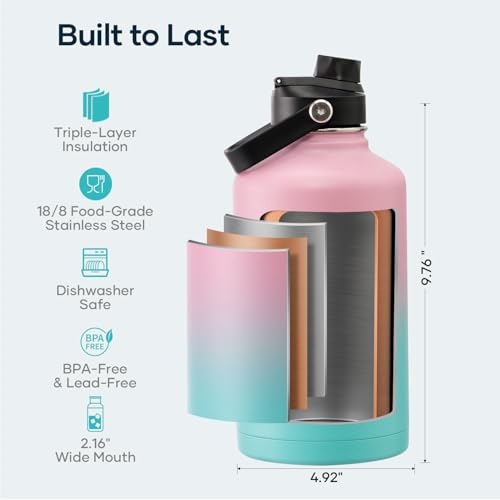 Image of BUZIO 64 oz Insulated Stainless Steel Water Bottle with Dust-proof Lids