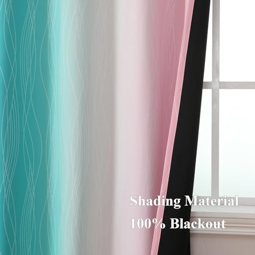 Estelar Textiler Pink and Teal Blackout Curtains 45 Inch Length, Full Light Blocking Gradient Drapes for Kitchen, Thermal Insulated Grommet Ombre Curtains for Bathroom, 52Wx45L, 2 Panels
