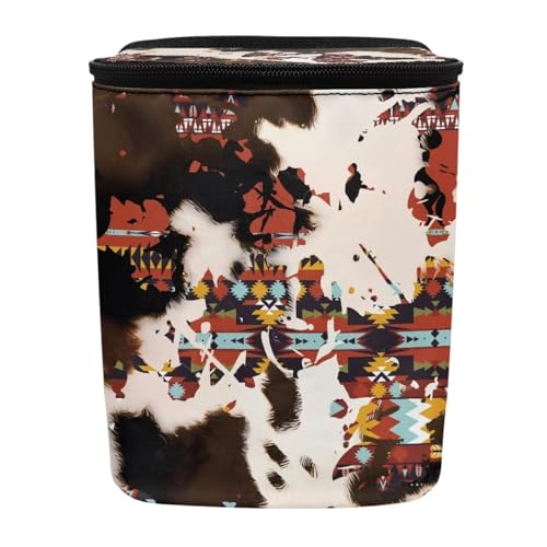Image of Southwestern Aztec Cow Brown Car Trash Can Garbage Bin Leak Proof Waste Basket Bin with Lid,Portable Camping Garbage Container Fit Most Vehicle
