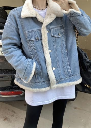 chouyatou Women's Reversible Warm Sherpa Notched Collar Jean Jacket Faux Fur Denim Coat Trucker Jacket4