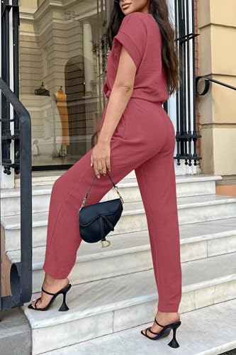 PRETTYGARDEN Women's Summer One Piece Jumpsuits Belted Short Sleeve Wrap V Neck Fashion Dressy Casual Wide Leg Pants Romper