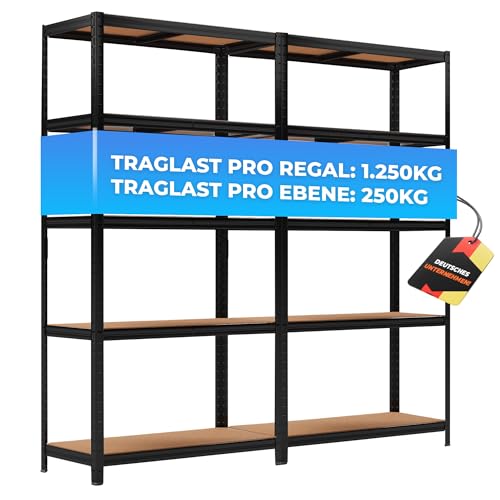 ALL Premium Schwerlastregal 180x90x40cm - 2er Set Schwarz 1250kg Traglast stabiles Kellerregal Metall, Lagerregal & Vorratsregal ideale Regale für kellerraum, Regal Keller & abstellraum Regal