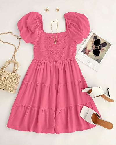 Image of ZESICA Women's Boho 2026 Summer Square Neck Puff Sleeve Off Shoulder Smocked Tiered Casual A Line Short Mini Dress