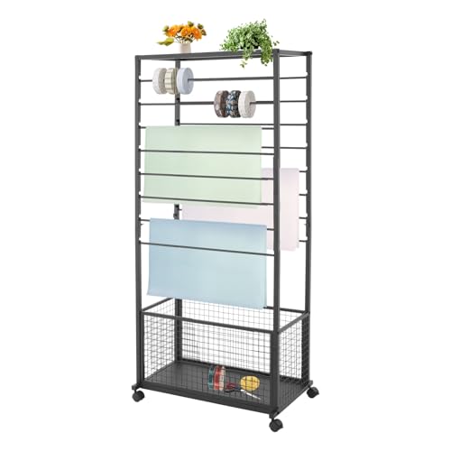 Image of CNCEST Double-Sided 16-Layer Ribbon Holder Organizer Rack,Free Standing Mobile Ribbon Holder,Metal Ribbon Stand Organizer Ribbon Storage Shelf for Craft Room,Wrapping Paper (Black,26.4x12.6x59.06in)