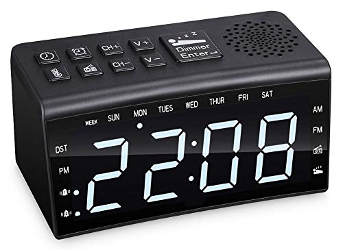 FM/AM Digital Radio Clock Dual-Alarm Mit Snooze Temperatur Tag Zeit Dimmbare Hintergrundbeleuchtung 6,5-Zoll-LED-Bildschirm Wecker,Weiß