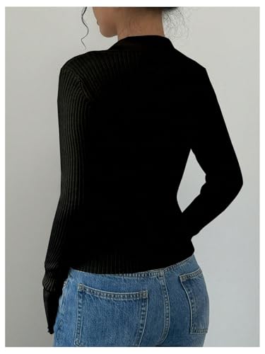 OYOANGLE Women's Long Sleeve Collar V Neck Ribbed Knit Shirt Button Down Fitted Going Out Top3