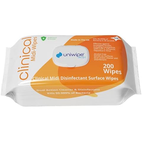 Uniwipe Clinical Midi-Wipes, Antibacterial, Sanitising, Kills 99.999% of Germs, 200 Count Cover
