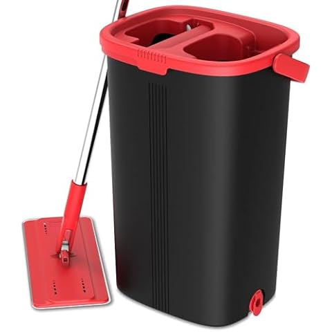 TETHYS Flat Floor Mop and Bucket Set for Professional Home Floor Cleaning System with Aluminum Handle/2-Washable Microfiber Pads Perfect Home + Kitchen Cleaner for Hardwood, Laminate, Tiles, Vinyl Cover