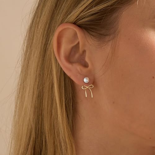 ASCOMY Gold Stud Earrings for Women - Dainty Bow 14K Gold/Silver Plated Pearl Earrings - Trendy Cute Ribbon Minimalist Jewelry Gifts for Her4