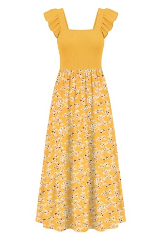 Image of AUSELILY Women's Summer Sleeveless Maxi Dress Yellow Black Flowers S