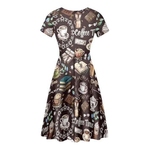 Image of POLERO Women Puffy Swing Elegant Party Midi Dresses Short Sleeve Round Neck A-Line Dress