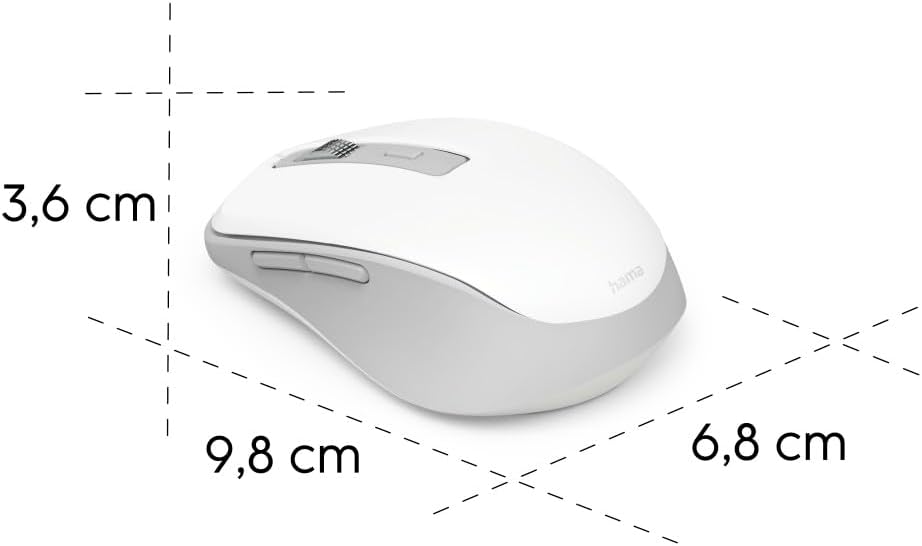 Diagram showing dimensions of the Hama WM-450 mouse: 9.8 cm length, 6.8 cm width, 3.6 cm height