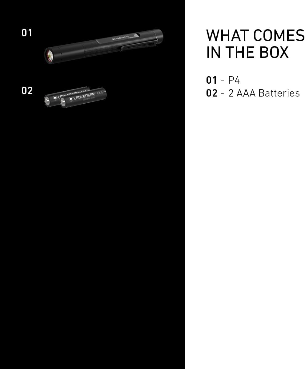 Ledlenser P4 Pen Flashlight - Black, 2×AAA Batteries Included - Advanced Focus System Pocket Flashlight - 60g Mini Flashlight for Technicians - Up to 180 Lumens