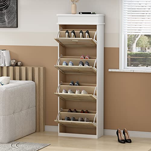 Agoteni Tall Shoe Cabinet With 4 Flip Drawers, Narrow Storage Cabinet, Wood Shoe Storage For Hallway Entrance, White+Natural (21.7”W X 9.8”D X 64”H) #TOP2