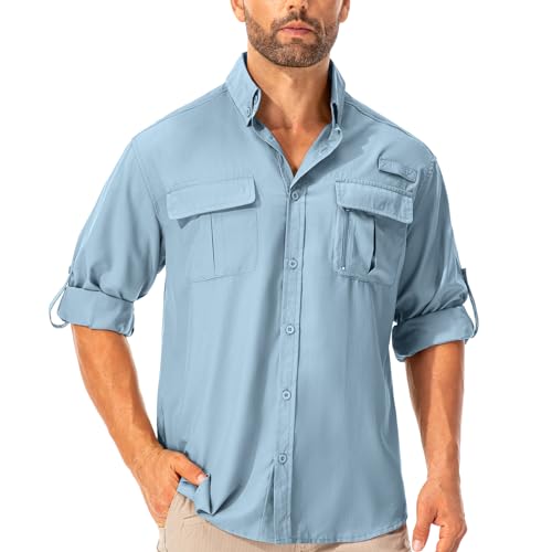 Asfixiado Camicia da uomo Safari UPF50+, protezione UV, da trekking, da uomo, a maniche lunghe, funzionale, traspirante, ad asciugatura rapida, casual, con bottoni, Blu, 3XL
