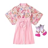 [Shopyruder] 袴 ロンパース ベビー服 女の子 初節句 お食い初め 浴衣 子供 セパレート 着物 和装 赤ちゃん 花柄 夏 フォーマル 和服 靴下付き カバーオール 新生児 お宮参り 百日祝い 出産祝い 七五三 はかま 袴風 プレゼント 白 可愛い(ピンク,110)
