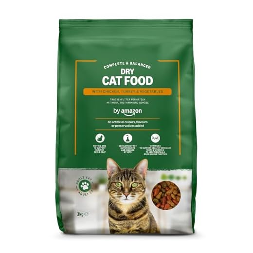 Amazon-Marke: Solimo Komplett-Trockenfutter für ausgewachsene Katzen mit Huhn, Truthahn und Gemüse, 3 kg (1er-Pack)