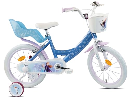 Vélo Enfant 16'' Fille Reine des Neiges/Frozen équipé de 2 Freins, Panier Avant, Porte poupée arrière, Garde-boues et Stabilisateurs.