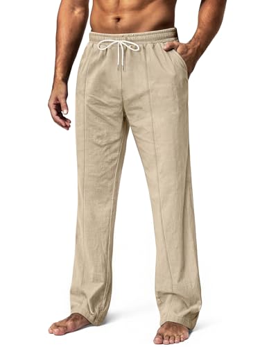 Mens Casual Linen Pants Straight-Leg Elastic Waist Summer Yoga Beach Long Pants