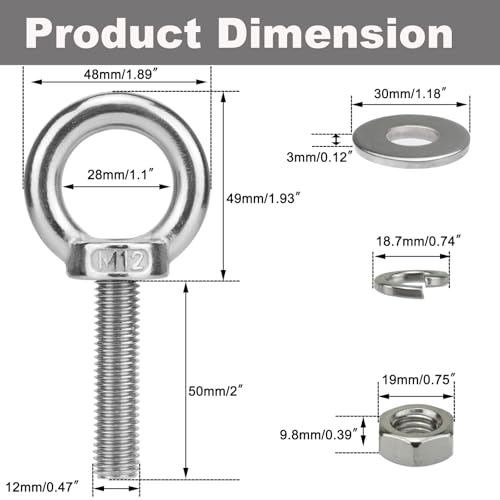 Image of M12 Stainless Steel Eye Bolts with Nuts 2 Pack, M12 x 50mm (15 /32 inch x 2 inch) Strong Shoulder Lifting Ring Eye Bolt for Boat & Hang, Heavy Duty Marine Grade Threaded Eyebolt for Tie Down Outdoor
